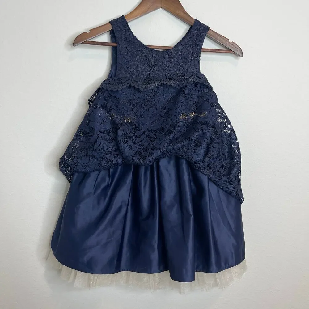 American Princess Girls Navy Gold Lace Dress Pearl Waist Bow Size 6X 7 Formal